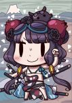  1girl april_fools bangs bikini black_eyes black_hair blush chibi fate/grand_order fate_(series) floral_print goggles goggles_on_head highres katana katsushika_hokusai_(fate/grand_order) katsushika_hokusai_(swimsuit_saber)_(fate) leg_belt multiple_swords octopus official_art riyo_(lyomsnpmp) short_hair_with_long_locks smile solo_focus sweat swimsuit sword tokitarou_(fate/grand_order) wavy_hair weapon white_bikini 