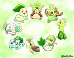  @kadi_hino ambiguous_gender avian beak black_eyes bulbasaur chespin chikorita claws crossed_arms green_background grookey holding_object leaf mammal markings nintendo open_mouth pok&eacute;mon pok&eacute;mon_(species) primate red_eyes reptile rowlet scalie shell simple_background snivy treecko turtwig video_games yellow_sclera 