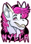  2016 ambiguous_form black_eyebrows digital_media_(artwork) dragon ear_piercing ear_ring eyebrows fur furred_dragon grin hair headshot_portrait horn inner_ear_fluff looking_at_viewer male muttasaur name_badge nylla piercing pink_eyes pink_hair portrait simple_background slit_pupils smile solo teeth tuft white_background white_body white_fur white_horn 