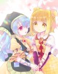  2girls apron arm_ribbon armor armored_dress bangs biyon blonde_hair blue_hair blunt_bangs blurry blurry_background bright_pupils cherry_blossoms commentary daisy double_bun dress eyebrows_visible_through_hair flower green_apron green_headwear hair_over_one_eye hair_ribbon haniwa_(statue) haniyasushin_keiki holding_hands hood joutouguu_mayumi lens_flare long_hair magatama magatama_necklace multiple_girls open_mouth puffy_short_sleeves puffy_sleeves red_eyes ribbon short_hair short_sleeves sideways_mouth single_strap smile spring_(season) touhou vambraces very_long_hair white_background white_pupils yellow_dress yellow_eyes yuri 