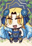  1girl april_fools astraea_(fate/grand_order) blonde_hair blue_hair blush_stickers chibi drill_hair fate/grand_order fate_(series) food fruit grapes hair_ornament highres long_hair looking_at_viewer multicolored_hair official_art open_mouth quad_drills riyo_(lyomsnpmp) sleeveless smile solo two-tone_hair yellow_eyes 