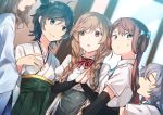  5girls ahoge asagumo_(kantai_collection) asakaze_(kantai_collection) bangs black_hair blue_neckwear bow bowtie braid brown_hair closed_eyes closed_mouth furisode gradient_hair grey_hair hair_ribbon hands_together hat japanese_clothes kantai_collection kimono light_brown_hair long_hair matsukaze_(kantai_collection) minegumo_(kantai_collection) mini_hat mini_top_hat multicolored_hair multiple_girls open_mouth out_of_frame red_neckwear ribbon satsumi school_uniform shirt short_hair skirt smile suspender_skirt suspenders sweat top_hat twin_braids twintails white_shirt yamagumo_(kantai_collection) 