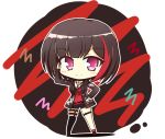  1girl bang_dream! bangs black_background black_choker black_footwear black_hair black_jacket black_shorts blush_stickers bob_cut boots chain_necklace chibi choker collarbone commentary_request drawstring eyebrows_visible_through_hair full_body hand_on_hip hand_up highres hood hood_down hooded_jacket jacket long_sleeves looking_at_viewer mismatched_legwear mitake_ran multicolored_hair off-shoulder_shirt off_shoulder open_clothes open_jacket purple_eyes red_background red_hair red_legwear red_shirt shirt short_hair short_shorts shorts sidelocks simple_background single_strap single_thighhigh smile solo standing streaked_hair teen_(teen629) thigh_strap thighhighs white_background 