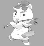  animal_crossing anthro beaver buckteeth c.j._(animal_crossing) chibi clothing eyewear fishing_rod freckles hat headgear headwear looking_back male mammal monochrome nintendo rodent shiiiiiiiro sketch solo sunglasses teeth video_games 