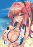  1girl ;p alternate_hairstyle azur_lane bangs beach blush breasts bremerton_(azur_lane) bremerton_(scorching-hot_training)_(azur_lane) center_opening cleavage collared_shirt commentary_request covered_nipples crop_top crop_top_overhang day ear_piercing eyebrows_visible_through_hair hair_between_eyes hair_intakes hair_ornament hairclip hand_on_own_chest heart heart-shaped_pupils heart_necklace highres kakeru_(kakeru) large_breasts long_hair looking_at_viewer midriff mole mole_on_breast mole_under_eye multicolored_hair no_bra nose_blush ocean one_eye_closed one_side_up outdoors piercing pink_eyes pink_hair red_nails revision see-through shirt shirt_pull sidelocks sky sleeveless sleeveless_shirt smile solo sportswear streaked_hair sweat sweatband symbol-shaped_pupils tennis_uniform tongue tongue_out twitter_username two-tone_shirt upper_body wet wet_clothes wet_shirt x_hair_ornament 