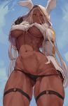  2020 abs absurd_res animal_humanoid breasts bunny_costume clothed clothing costume cutesexyrobutts dark_skin digital_media_(artwork) female hi_res hoodie humanoid lagomorph lagomorph_humanoid leporid_humanoid mammal mammal_humanoid miruko muscular muscular_female my_hero_academia partially_clothed rabbit_humanoid simple_background solo thick_thighs topwear 