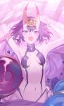  1girl absurdres bangs bare_arms blush breasts eyebrows_visible_through_hair fate/grand_order fate_(series) gourd headpiece highres looking_at_viewer lying navel on_back oni_horns open_mouth pointy_ears purple_eyes purple_hair revealing_clothes short_eyebrows shuten_douji_(fate/grand_order) skin-covered_horns small_breasts solo ssangbong-llama 