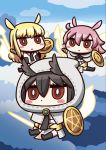  3girls april_fools black_hair blonde_hair chibi energy_weapon energy_wings fate/grand_order fate_(series) hair_between_eyes head_wings highres hildr_(fate/grand_order) holding holding_shield holding_weapon hood long_hair multiple_girls official_art ortlinde_(fate/grand_order) pink_hair red_eyes riyo_(lyomsnpmp) shield thrud_(fate/grand_order) valkyrie_(fate/grand_order) weapon 