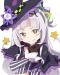  1girl bangs black_headwear blunt_bangs brown_eyes brown_gloves gloves hat hololive ixy long_hair looking_at_viewer murasaki_shion silver_hair simple_background smile solo upper_body virtual_youtuber white_background witch_hat 