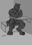  absurd_res anthro bench big_penis bodily_fluids canid canine canis cellphone cum cum_drip digitigrade draft_(disambiguation) dripping fullbodywolf furniture genital_fluids genitals greyscale hi_res looking_at_phone male mammal monochrome muscular muscular_male penis phone precum sitting sketch solo table wolf 