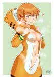  1girl absurdres animegao blush border breasts breasts_apart brown_eyes brown_hair cosplay cowboy_shot dragonoil fang fate/grand_order fate_(series) fujimura_taiga green_background highres jaguarman_(fate/grand_order) kigurumi looking_at_viewer navel small_breasts smile solo sweat white_border 