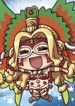  1girl april_fools blonde_hair blush chibi closed_eyes fate/grand_order fate_(series) headdress highres long_hair mask official_art open_mouth outstretched_arms quetzalcoatl_(fate/grand_order) quetzalcoatl_(samba_santa)_(fate) riyo_(lyomsnpmp) santa_bikini smile solo star 