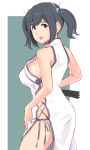  1girl alternate_costume black_hair blue_eyes breasts china_dress chinese_clothes closed_fan cowboy_shot dress fan folding_fan from_behind highres kantai_collection large_breasts long_hair looking_at_viewer side-tie_dress solo souryuu_(kantai_collection) two-tone_background wa_(genryusui) white_dress 
