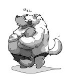  2011 anthro ao_(pixiv_145813) belly bite bulge canid canine canis clothing domestic_dog duo ear_bite eyes_closed humanoid_hands kemono male male/male mammal monochrome navel overweight overweight_male shirt simple_background sketch topwear underwear 