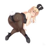  1girl absurdres all_fours animal_ears ass black_footwear black_legwear black_leotard blonde_hair breasts bunny_ears bunny_girl bunny_tail bunnysuit fishnet_legwear fishnets from_behind full_body high_heels highres large_breasts leotard long_hair looking_at_viewer looking_back pantyhose sainohikari simple_background solo strapless strapless_leotard sunohara_ayaka sunoharasou_no_kanrinin-san tail white_background wrist_cuffs yellow_eyes 