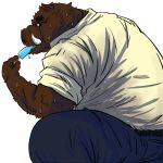  1:1 2009 anthro araiguma_11 bodily_fluids bottomwear brown_body brown_fur clothing eyewear food fur glasses kemono male mammal overweight overweight_male pants popsicle shirt simple_background solo suid suina sus_(pig) sweat topwear white_background wild_boar 