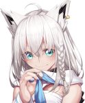  1girl ahoge animal_ears blue_eyes braid collar_tug earrings fenrir_(fenlil0316) fox_ears fox_girl highres hololive jewelry shirakami_fubuki simple_background solo upper_body virtual_youtuber white_background white_hair 