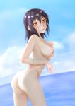  1girl ass back bakemonogatari bangs black_hair blue_hair blush cloud hand_on_own_chest kanbaru_suruga looking_at_viewer monogatari_(series) nipples nude ocean open_mouth outdoors pei_(uenosin10) short_hair sky solo thighhighs thighs tomboy yellow_eyes zenra 