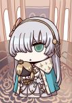  1girl anastasia_(fate/grand_order) april_fools blue_cloak brown_hairband brown_ribbon chibi cloak crown doll fate/grand_order fate_(series) hair_over_one_eye hairband highres holding holding_doll long_hair mini_crown official_art open_mouth ribbon riyo_(lyomsnpmp) royal_robe solo triangle_mouth 
