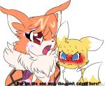  alpha_channel angry anthro black_markings blue_eyes blush bodily_fluids breasts canid canine chibi digimon digimon_(species) english_text fangs felid feline female mammal markings meicrackmon orange_body purple_markings red_eyes renamon simple_background sweat text transparent_background unknown_artist yellow_body 