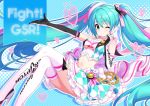  1girl annindoufu_(oicon) aqua_eyes aqua_hair argyle bare_shoulders boots breasts commentary_request crop_top crossed_legs elbow_gloves frilled_shirt frills gloves goodsmile_racing hair_ribbon hand_up hatsune_miku headphones high_heel_boots high_heels layered_skirt long_hair looking_at_viewer medium_breasts midriff miniskirt navel one_eye_closed outstretched_arm racing_miku racing_miku_(2019) ribbon shirt skirt sleeveless sleeveless_shirt solo thigh_boots thighhighs twintails very_long_hair vocaloid 