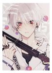  1boy blush collarbone earrings eyebrows_visible_through_hair gun hair_between_eyes highres holding holding_gun holding_weapon jewelry looking_at_viewer myuhuaki open_collar original parted_lips red_eyes ring silver_hair solo tattoo unzipped upper_body weapon 