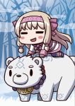  1girl ainu_clothes april_fools bangs bear blonde_hair blush_stickers bow chibi closed_eyes fate/grand_order fate_(series) hair_bow hairband highres illyasviel_von_einzbern long_hair long_sleeves official_art open_mouth pink_bow pink_hairband polar_bear riding riyo_(lyomsnpmp) shirou_(fate/grand_order) sitonai smile 