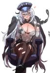 1girl azur_lane bangs belt black_bra black_gloves bra breasts cleavage commentary_request cuffs gangut_(azur_lane) gangut_(imposing_warden)_(azur_lane) gloves hair_between_eyes hat hey_taishou highres large_breasts long_hair mole mole_under_eye open_mouth pantyhose red_eyes shirt silver_hair smile torn_clothes torn_legwear underwear very_long_hair white_shirt 