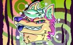  anthro blue_tongue canid canine canis coyote detailed fur green_body green_fur headshot_portrait hypno_eyes hypnosis looking_at_viewer male mammal mind_control pink_body pink_fur portrait sinser smile solo teeth tongue 