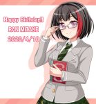  1girl adjusting_eyewear bang_dream! bangs bespectacled black_hair blazer blush bob_cut book breasts character_name collared_shirt colored_shadow commentary_request dated diagonal_stripes drop_shadow eyebrows_visible_through_hair glasses green_neckwear green_skirt grey_jacket hand_up haneoka_school_uniform happy_birthday highres holding holding_book jacket long_sleeves looking_at_viewer medium_breasts mitake_ran multicolored_hair necktie plaid plaid_skirt pleated_skirt purple_eyes red_background red_hair school_uniform shadow shirt short_hair sidelocks simple_background skirt smile solo standing streaked_hair striped striped_neckwear two-tone_background upper_body white_background white_shirt yoshino_yamato 