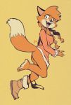  anthro black_nose boots bottomless breasts canid canine clothed clothing dipstick_tail edtropolis female footwear fox fur hair hi_res looking_back mammal multicolored_tail open_mouth orange_body orange_fur orange_hair panties panties_around_one_leg patty_foxy simple_background solo underwear underwear_around_one_leg yellow_background 