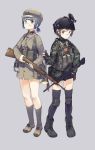  2girls absurdres assault_rifle blue_hair brown_eyes brown_hair bugle camouflage china chinese_commentary glasses gloves green_eyes gun hat helmet highres holding holding_gun holding_weapon knee_pads load_bearing_vest military military_uniform multiple_girls original partly_fingerless_gloves ponytail rifle short_hair simple_background thighhighs thumbs_up uniform weapon weapon_request zhongye_yu 