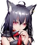  1girl ahoge animal_ears black_hair braid collar_tug earrings fenrir_(fenlil0316) fox_ears fox_girl highres hololive jewelry kurokami_fubuki red_eyes simple_background solo upper_body virtual_youtuber white_background 