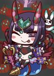  +_+ 1girl ;&gt; april_fools black_fundoshi chibi chinese_clothes club dudou eyeliner fate/grand_order fate_(series) forehead_jewel fox fundoshi gourd heart highres japanese_clothes looking_at_viewer makeup midriff navel official_art one_eye_closed oni oni_horns purple_eyes purple_hair riyo_(lyomsnpmp) short_hair shuten_douji_(fate/grand_order) shuten_douji_(halloween_caster)_(fate) solo_focus spiked_club tongue tongue_out weapon 