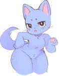  ambiguous_gender anthro blue_body blue_fur blush blush_stickers cute_fangs eyelashes featureless_chest featureless_crotch felid feline fur mammal pawpads pink_pawpads sirpoiji solo thick_thighs whiskers 