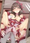  1girl bangs bare_shoulders blush breasts brown_hair cellphone commentary_request covering_nipples idolmaster idolmaster_cinderella_girls long_hair looking_at_viewer mirror open_mouth phone pink_legwear rib:y(uhki) ribbon sakuma_mayu sitting smartphone socks solo spread_legs 