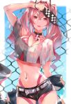  1girl :d absurdres arm_up armpits azur_lane bangs bare_shoulders belt bikini bikini_under_clothes black_collar black_shorts blue_background blue_jacket breasts bremerton_(azur_lane) chain-link_fence choker cleavage collar collarbone commentary_request cowboy_shot crop_top crop_top_overhang crossed_bangs deal_with_it eye_mask eyebrows_visible_through_hair eyewear_removed fence grey_belt grey_hair hair_between_eyes hair_intakes hair_ornament highleg highleg_bikini highres holding holding_eyewear holding_jacket jacket jacket_removed kikuragetom large_breasts lifebuoy long_hair looking_at_viewer midriff mole mole_on_breast mole_under_eye multicolored_hair nail_polish navel navel_piercing off-shoulder_shirt off_shoulder open_mouth piercing pink_bikini pink_eyes pink_hair pink_nails red_eyes see-through shirt shorts sidelocks smile solo standing streaked_hair sweat swimsuit thigh_strap thighs twintails two-tone_hair two-tone_shirt wet wet_clothes wet_shirt wristband 