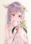 1girl azur_lane blush breasts cleavage commentary_request crying crying_with_eyes_open dress eyebrows_visible_through_hair flower hair_between_eyes hair_ornament hairclip highres holding holding_flower jewelry long_hair montpelier_(azur_lane) necklace red_eyes shokoori silver_hair simple_background solo tears very_long_hair white_background white_dress white_flower 