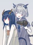  2girls absurdres arknights blue_hair ch&#039;en_(arknights) child dragon_girl dragon_horns hair_dryer highres horns multiple_girls nashigo_hiroshi red_eyes siblings sisters smile talulah_(arknights) white_hair 