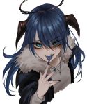  1girl aqua_eyes arknights bags_under_eyes bangs black_nails blue_hair blue_tongue coat eyebrows_visible_through_hair eyes_visible_through_hair fangs finger_to_mouth fur_trim hair_between_eyes halo hand_up highres horns jewelry kurisustinah long_hair long_sleeves looking_at_viewer mostima_(arknights) necklace saliva saliva_trail simple_background solo tongue tongue_out v-shaped_eyebrows white_background 