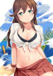  1girl alternate_costume black_bra blue_sky blush bra braid breasts brown_hair bucket cleavage cloud eyebrows_visible_through_hair green_eyes hair_between_eyes hair_ornament hair_ribbon highres kantai_collection large_breasts long_hair looking_at_viewer navel noshiro_(kantai_collection) pleated_skirt ribbon sand shirt skirt sky smile solo tree twin_braids underwear white_shirt yasume_yukito 