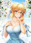  1girl ahoge aqua_eyes artoria_pendragon_(all) bangs bare_shoulders blue_dress blue_ribbon blush breasts cleavage closed_mouth collarbone dress eyebrows_visible_through_hair fate/stay_night fate_(series) flower hair_bun hair_ribbon hand_on_own_cheek hand_on_own_chest head_tilt highres jewelry looking_at_viewer medium_breasts necklace noixen petals ribbon saber short_hair sidelocks signature smile solo upper_body white_flower 