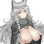  1girl animal_ears arknights blue_eyes braid breasts breasts_outside diadem eyebrows_visible_through_hair grey_hair hair_between_eyes hair_over_shoulder highres huge_breasts jewelry long_hair long_sleeves looking_at_viewer necklace nipples pandea_work parted_lips pramanix_(arknights) shrug_(clothing) simple_background solo upper_body white_background 