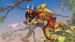  16:9 4_fingers brown_hair digital_media_(artwork) feathered_wings feathers fingers hair holding_object holding_spear holding_weapon hooves horn lizard melee_weapon pink_body pink_feathers polearm reptile scalie spear weapon widescreen wings zephra 