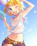 1girl ;d aqua_eyes arm_up armpits belt blonde_hair blue_sky blush bow chest_tattoo clear_sky collarbone covering_face fang flat_chest hair_bow hair_ornament hairclip highres holding_water_gun kagamine_rin kawahara_chisato loose_clothes midriff navel number_tattoo one_eye_closed open_mouth playing see-through shirt short_hair shorts shoulder_tattoo sketch sky smile solo sparkle tattoo tied_shirt vocaloid water_drop water_gun wet wet_clothes yellow_nails 