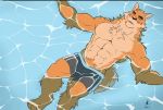  4_toes abs anthro biceps body_hair canid canine canis chest_tuft clothing dirittle domestic_dog eyes_closed happy_trail hi_res lying male mammal muscular muscular_arms muscular_legs muscular_male navel on_back open_mouth otake pecs pubes relaxing solo spread_arms swimming swimming_pool swimming_trunks swimwear toes triceps tuft water 