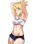  1girl akire_zz armpits arms_behind_head arms_up bandeau bangs bare_shoulders belt blonde_hair blue_shorts blush breasts clenched_teeth collarbone cowboy_shot cutoffs denim denim_shorts fate/apocrypha fate_(series) green_eyes highres long_hair looking_at_viewer medium_breasts midriff mordred_(fate) mordred_(fate)_(all) navel parted_bangs ponytail red_scrunchie scrunchie short_shorts shorts sidelocks simple_background solo teeth thighs white_background 