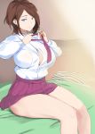  1girl bed blue_eyes breasts brown_hair button_gap cafekun curvy ear_piercing highres large_breasts looking_at_viewer original piercing pink_skirt pleated_skirt school_uniform short_hair sitting skirt thighhighs thighs tying_tie 