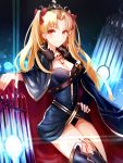  1girl asymmetrical_legwear black_leotard blonde_hair blue_cape boa_sorte boots bow breasts cape cleavage closed_mouth diadem ereshkigal_(fate/grand_order) fate/grand_order fate_(series) floating_hair hair_bow hair_intakes hand_on_hip highres leotard long_hair looking_at_viewer medium_breasts red_bow red_eyes revision single_boot sitting smile solo thigh_boots thighhighs 