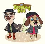  animal_crossing anthro avian beak blue_eyes breaking_bad brown_body brown_fur brown_nose canid canine canis chizuu clothed clothing crossover detailed_background domestic_dog duo eyewear fangs fluffy fluffy_tail fur glasses hat headgear headwear hi_res jacket jesse_pinkman male mammal nintendo open_mouth open_smile shirt smile text tongue topwear video_games walter_white white_body white_fur wings 